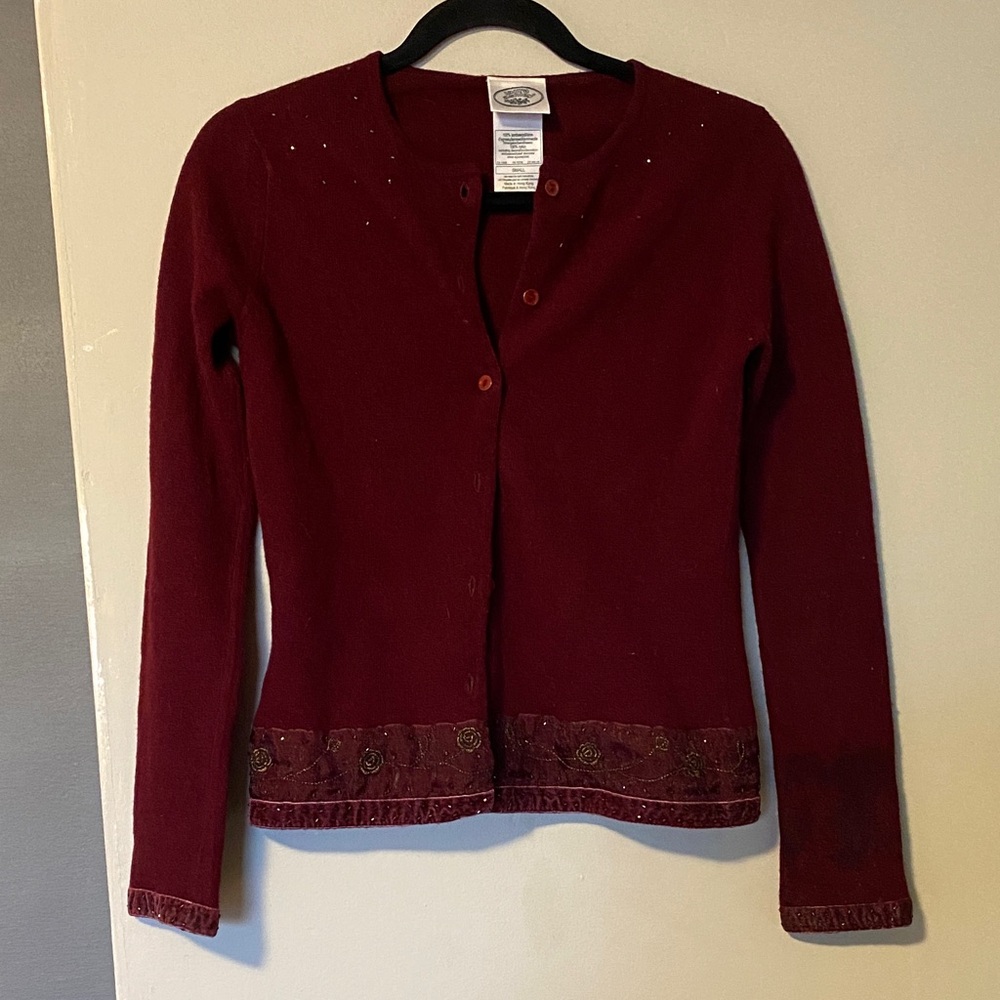 Vintage!Laura Ashley Burgundy Embellished Cardigan, 100% lambswool